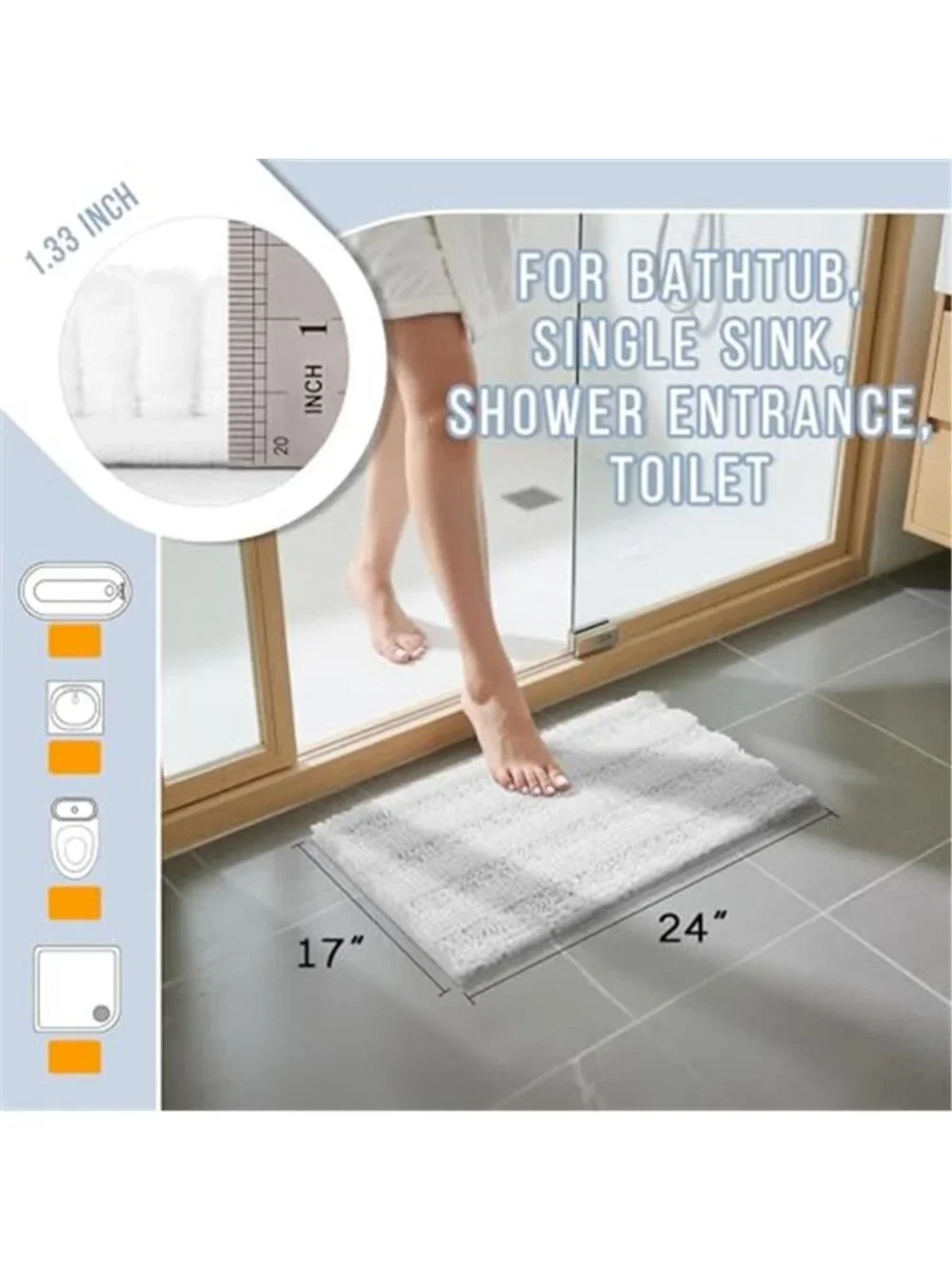 Soft Chenille Bath Mat Non Slip Absorbent Bathroom Rug Plush Thick Washable